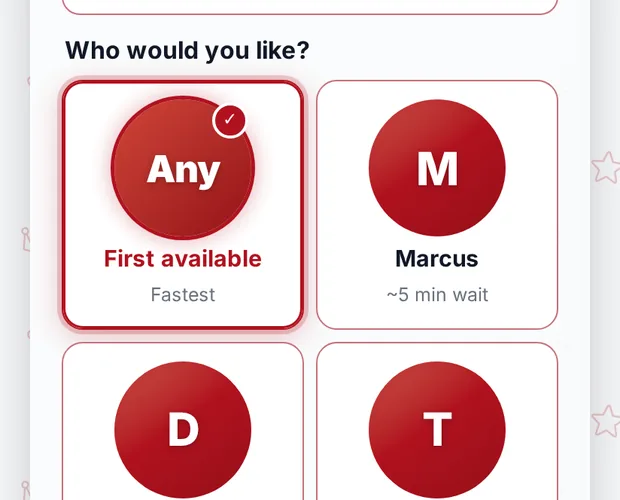 The join page on a phone with Who would you like? showing First available as the fastest option, and Marcus, Dee and Tony, each with their own wait.