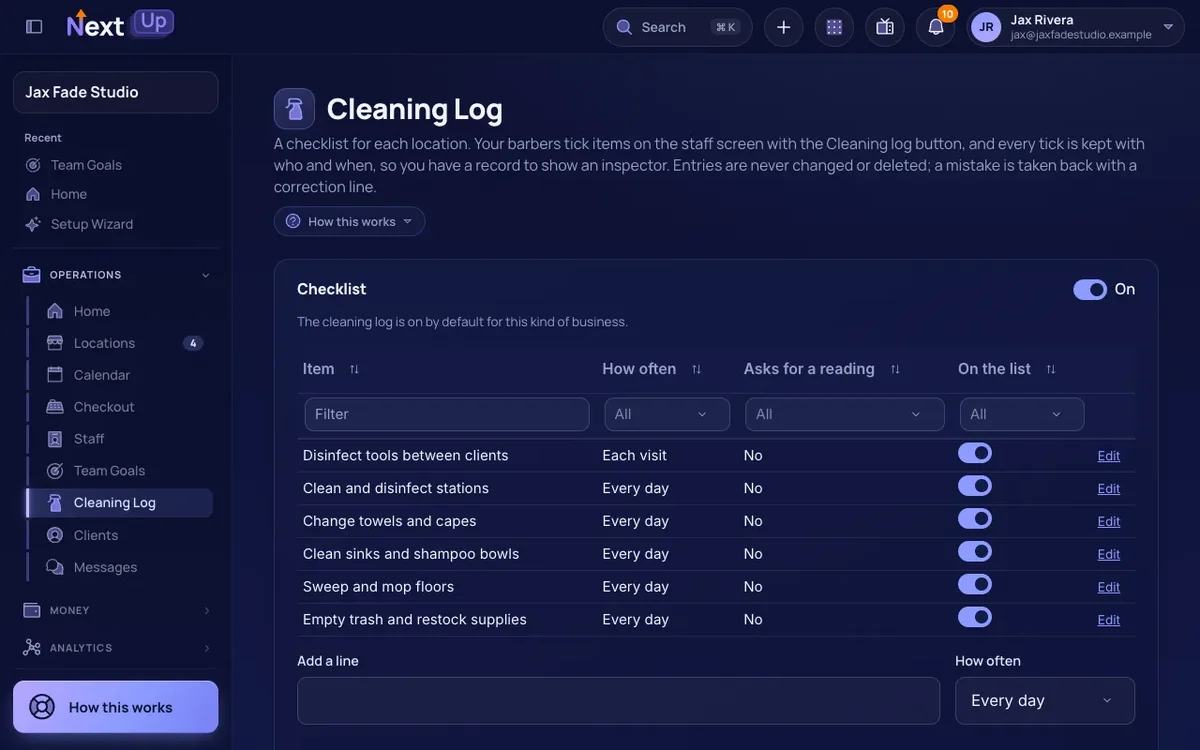 The Cleaning Log page of Jax Fade Studio, a demo barbershop: a checklist of six items, from disinfecting tools between clients to emptying the trash, each with how often it is done and an On the list switch.
