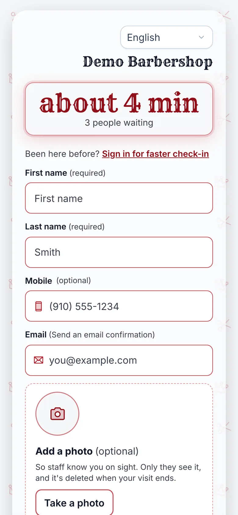 The Demo Barbershop check-in page on a phone: about 4 min, 3 people waiting, and a short form with first and last name, an optional mobile number and an optional email.