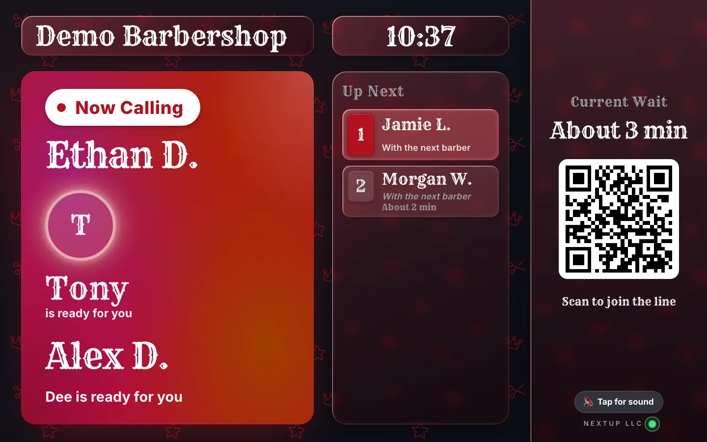 The NextUp Walk-in TV display for Demo Barbershop: Now Calling Ethan D. with Tony and Alex D. with Dee, Up Next Jamie L. and Morgan W., a current wait of about 3 minutes and a QR code to join.