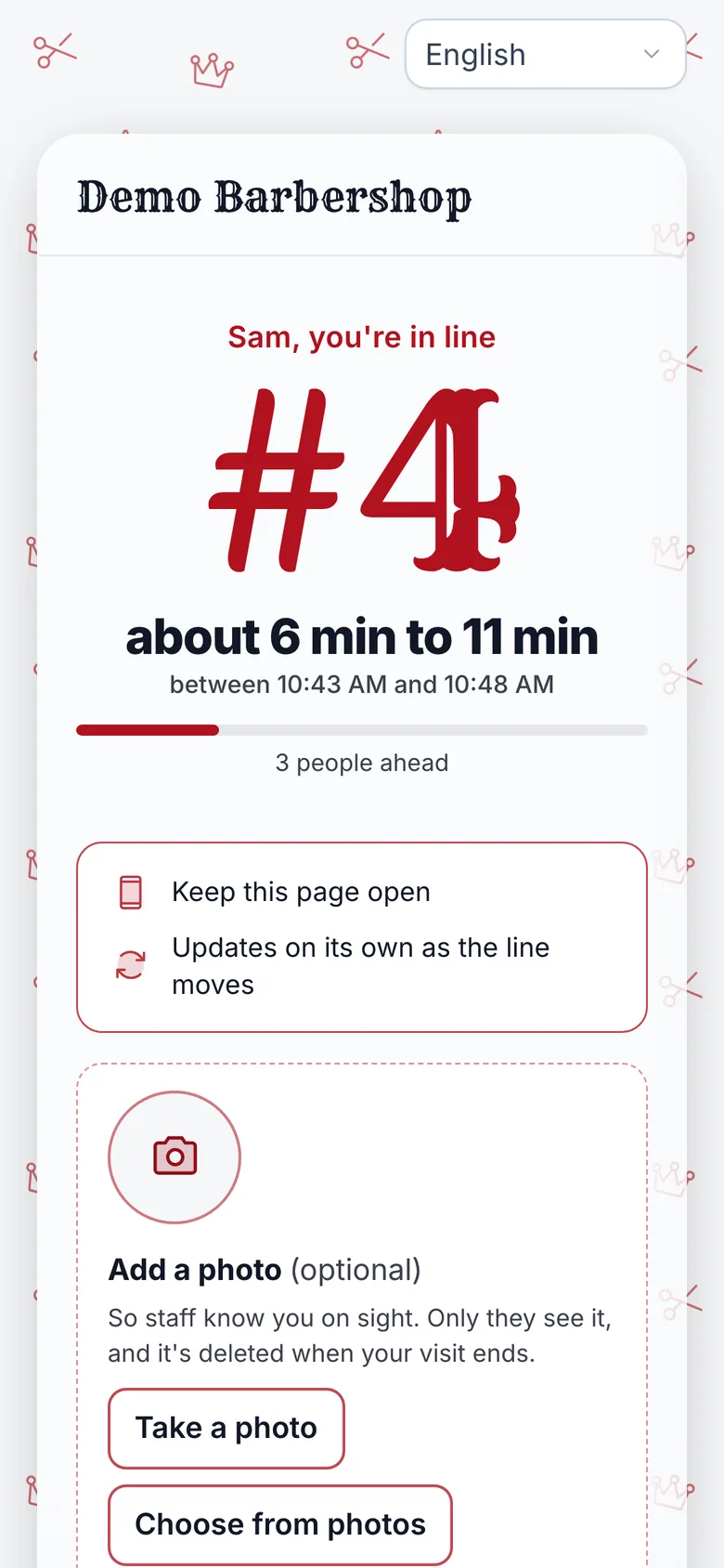 A guest’s place in line at Demo Barbershop on a phone: number 4, about 6 to 11 min, 3 people ahead, and a note that the page updates on its own.