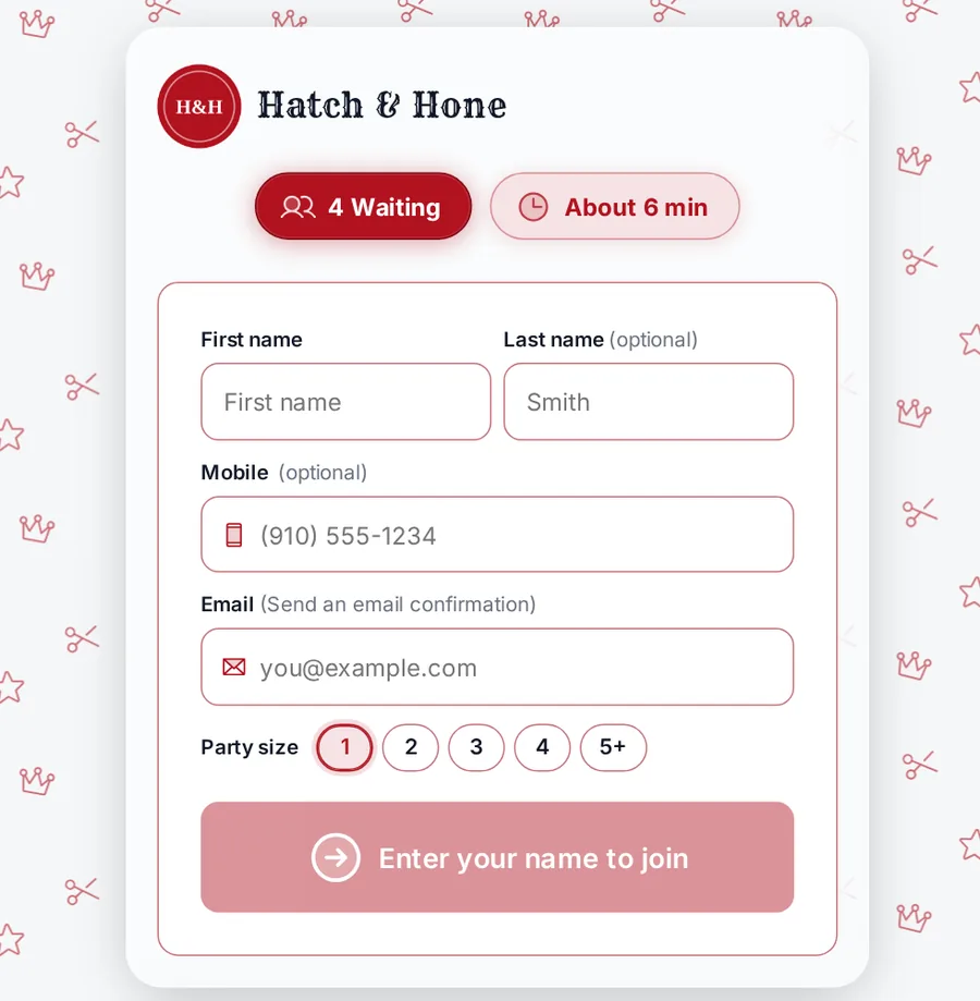 The door tablet check-in for Hatch & Hone, a demo shop: 4 waiting, about 6 minutes, and a form for first name, optional mobile and email, and party size.