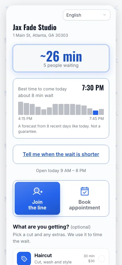 The join page for Jax Fade Studio, a demo barbershop, on a phone: about 26 minutes with 5 people waiting, and a Best time to come today card with a bar chart showing 7:30 PM as the quietest hour, about an 8 minute wait.