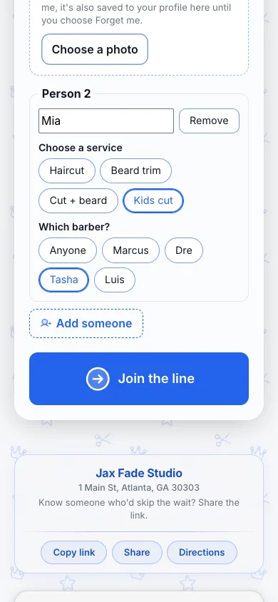 The bottom of the join page of Jax Fade Studio, a demo barbershop: Person 2, Mia, with a kids cut and Tasha chosen, an Add someone button and Join the line.
