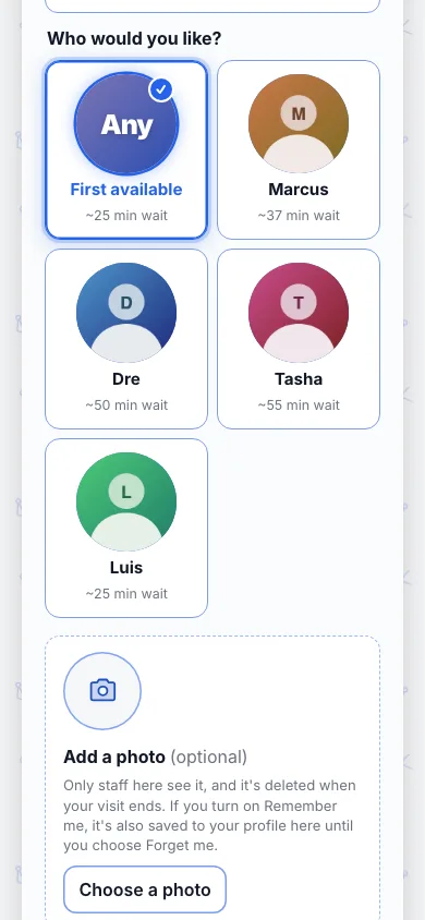 The Who would you like step on the join page of Jax Fade Studio, a demo barbershop: First available at about 26 minutes, Marcus 38, Dre 51, Tasha 56 and Luis 26, each with a photo.
