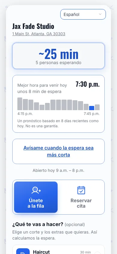 The join page of Jax Fade Studio, a demo barbershop, on a phone in Spanish: the wait, the best time to come and the Únete a la fila and Reservar cita tabs are all in Spanish.