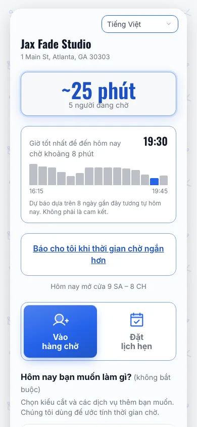 The join page of Jax Fade Studio, a demo barbershop, on a phone in Vietnamese: the wait, the best time to come and the Join the line and Book appointment tabs are all in Vietnamese.
