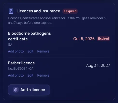 A Licences and insurance card for a team member at a demo barbershop: a bloodborne pathogens certificate marked Expired and a barber licence valid to Aug 31, 2027, with an Add a licence button.