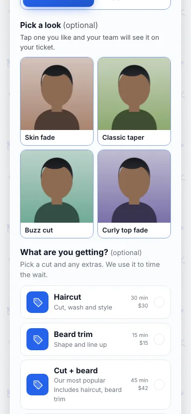 The Pick a look step on the join page of Jax Fade Studio, a demo barbershop: four photos (skin fade, classic taper, buzz cut, curly top fade) above the list of services.