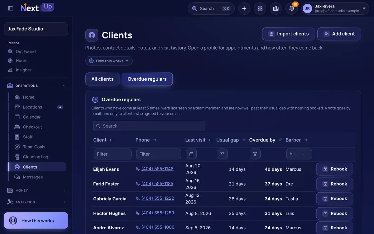 The Clients page of Jax Fade Studio, a demo barbershop, on the Overdue regulars tab: a table of clients with phone, last visit, usual gap, days overdue, their team member and a Rebook button.