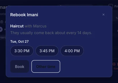 A Rebook Imani window: Haircut with Marcus, usually back every 14 days, with three open times on Tue, Oct 27 (3:30, 3:45 and 4:00 PM) and Book and Other time buttons.