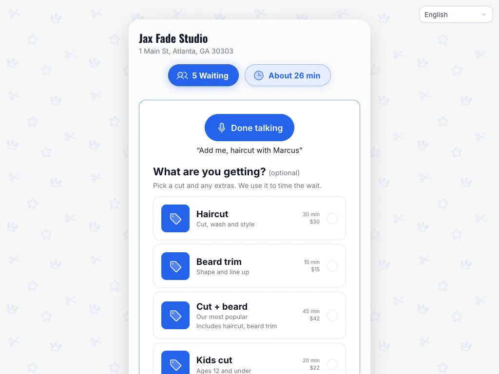 The door tablet of Jax Fade Studio, a demo barbershop: a Done talking button with the words Add me, haircut with Marcus under it, above the list of services.