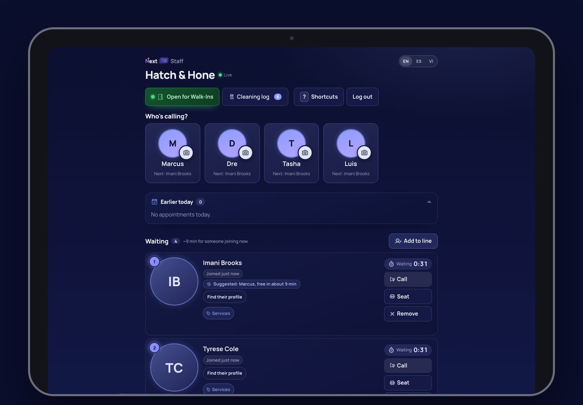 The NextUp Staff Screen for a demo barbershop: each team member, who they call next, and the people waiting with their wait time